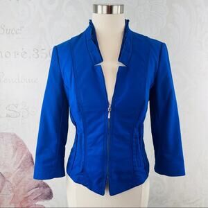 White House Black Market blue jacket with ruffle collar Size 2